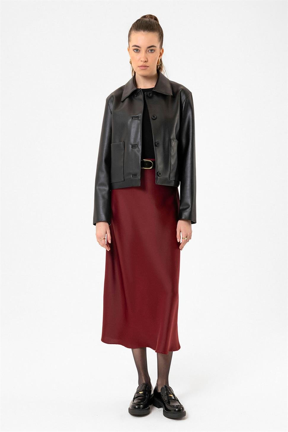 Antioch Siyah Kadın Polo Yaka Suni Deri Ceket