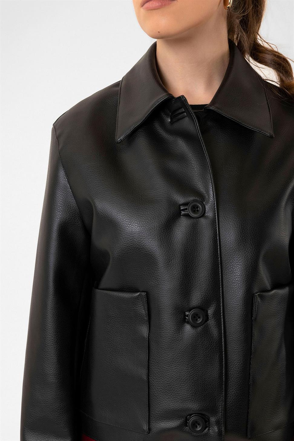 Antioch Siyah Kadın Polo Yaka Suni Deri Ceket