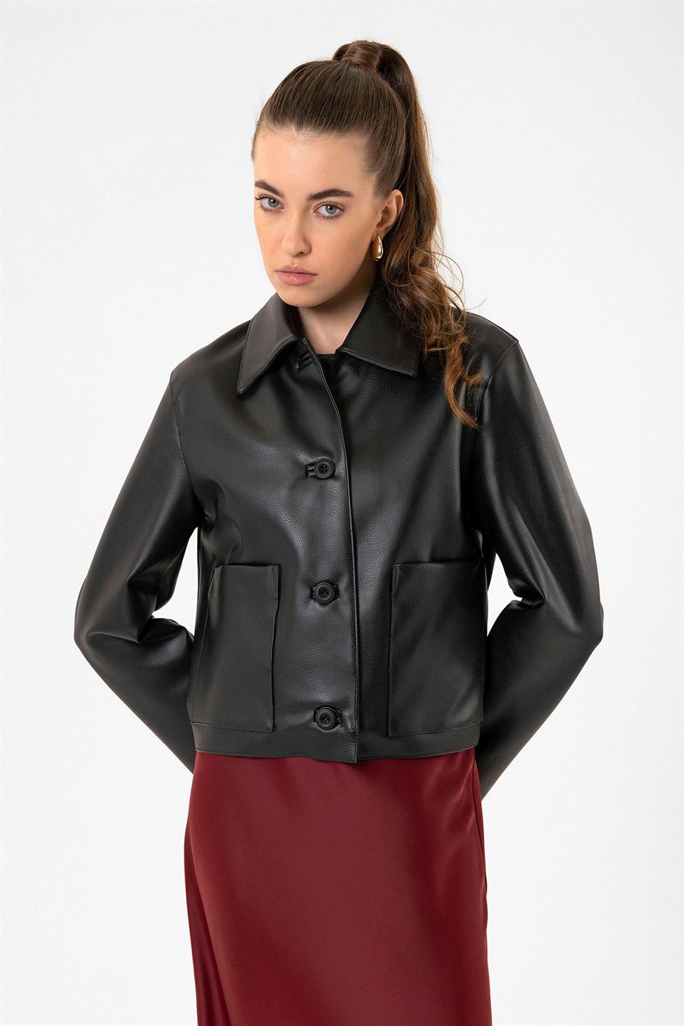 Antioch Siyah Kadın Polo Yaka Suni Deri Ceket