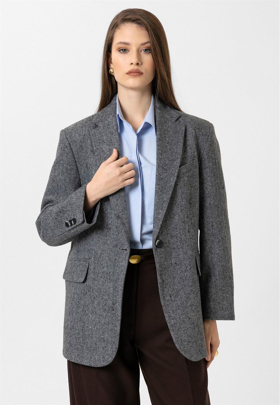 Antioch Siyah Kadın Relax Fit Balıksırtı Desenli Blazer Ceket