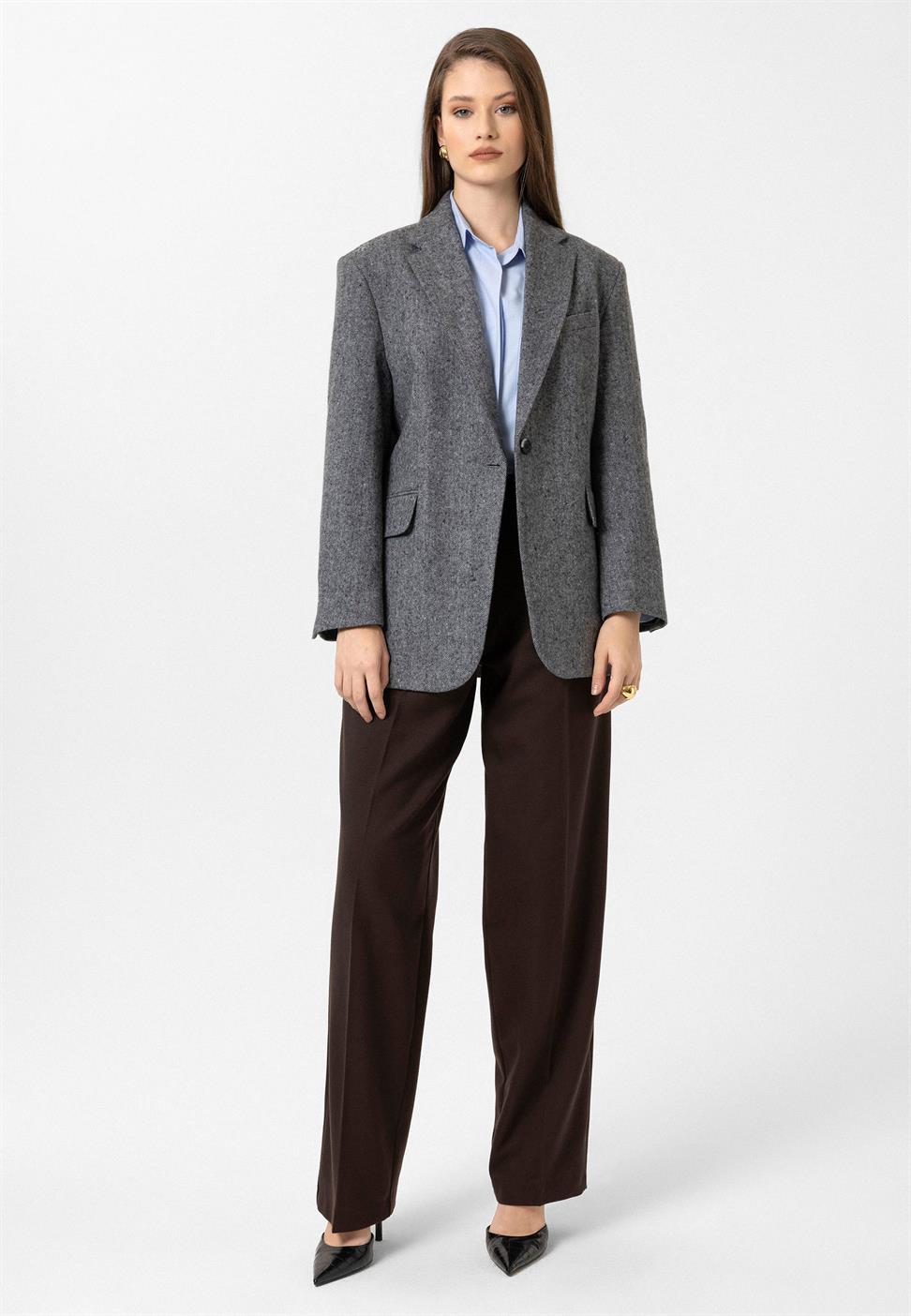 Antioch Siyah Kadın Relax Fit Balıksırtı Desenli Blazer Ceket