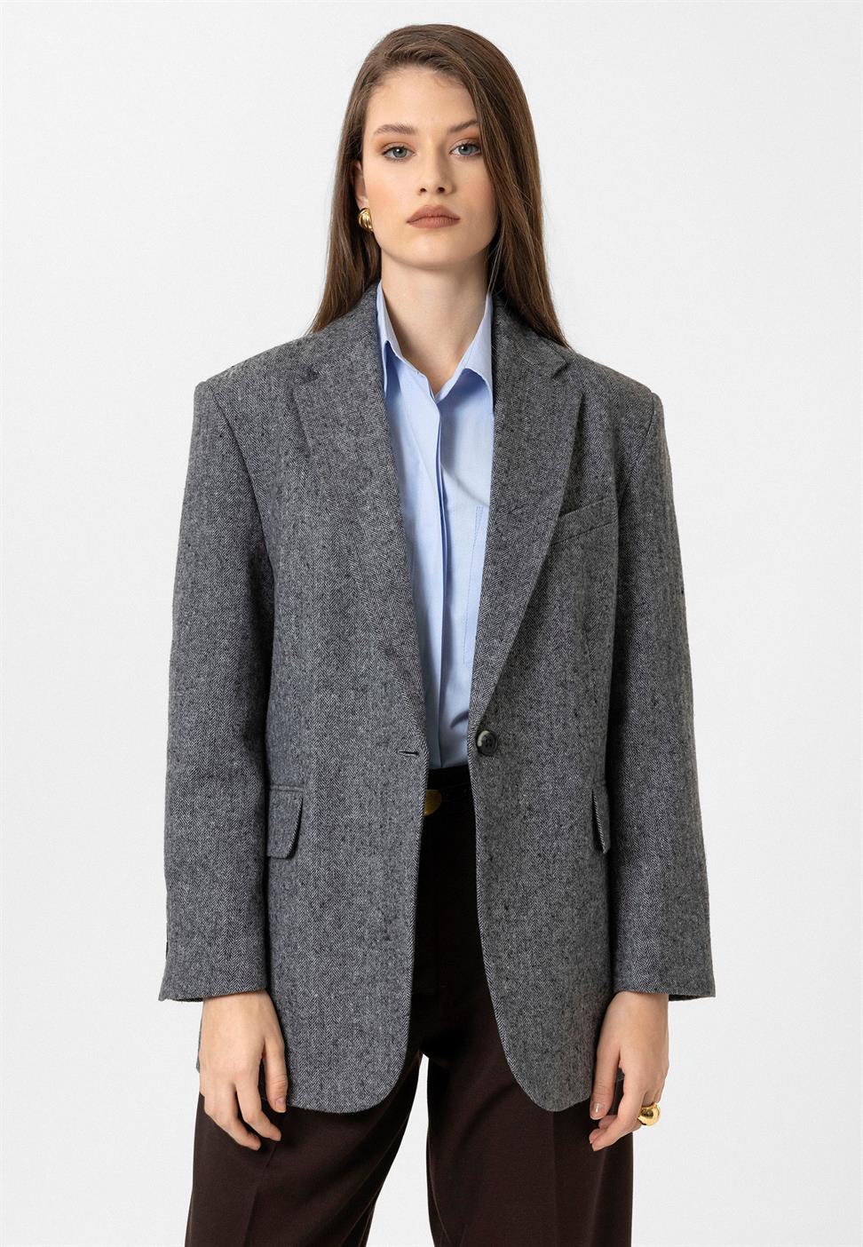 Antioch Siyah Kadın Relax Fit Balıksırtı Desenli Blazer Ceket