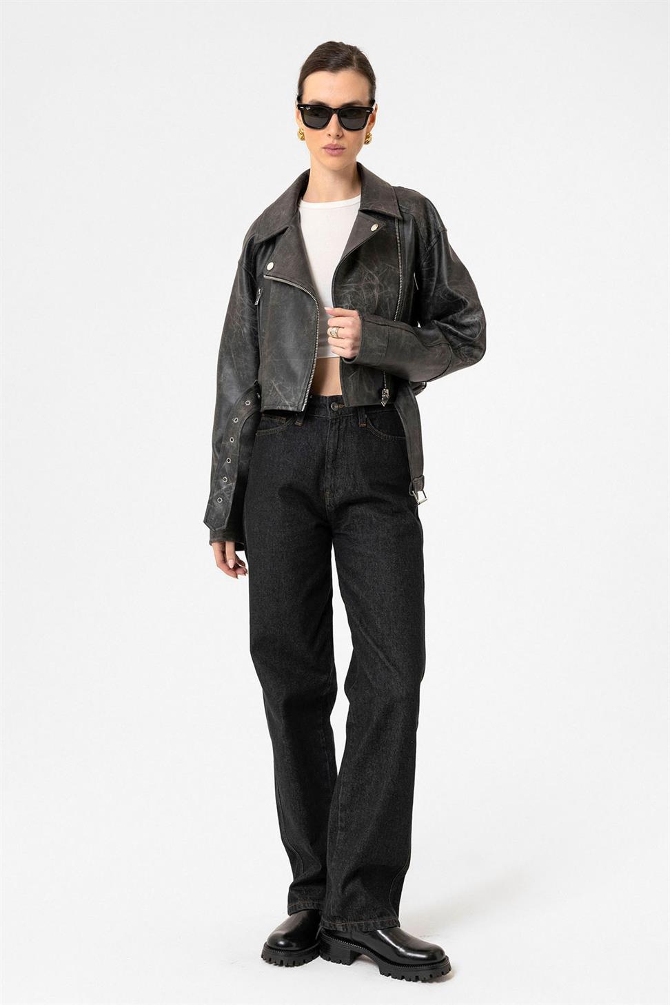 Antioch Siyah Kadın Suni Deri Crop Biker Ceket