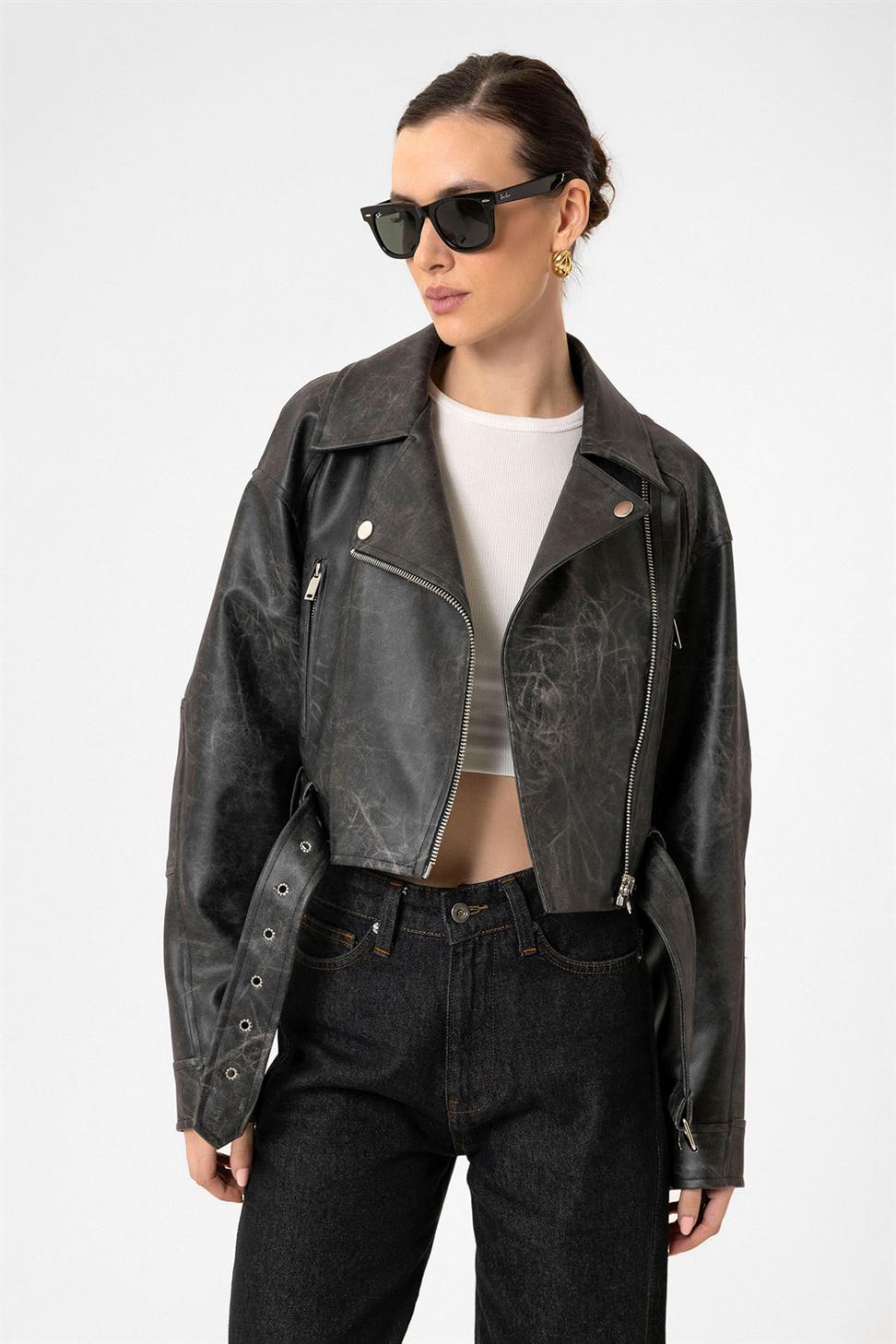 Antioch Siyah Kadın Suni Deri Crop Biker Ceket