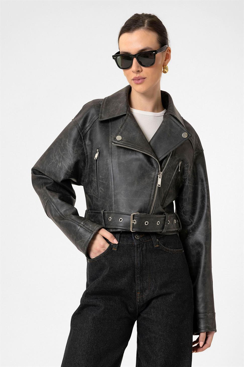 Antioch Siyah Kadın Suni Deri Crop Biker Ceket