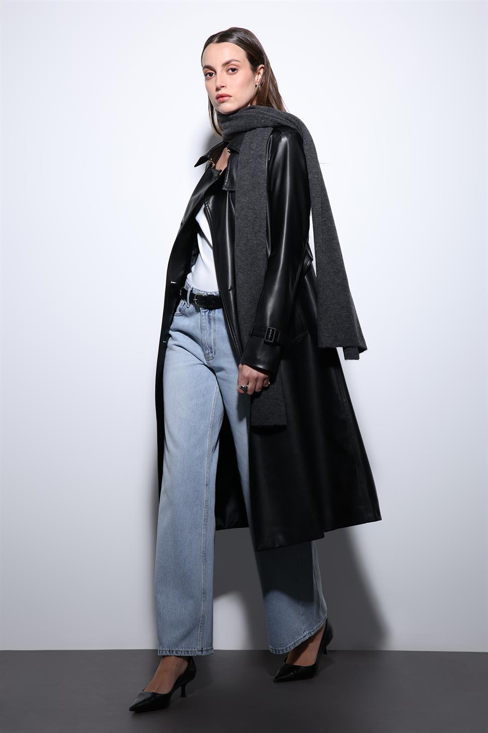 Antioch Siyah Kadın Suni Deri Kemerli Trençkot