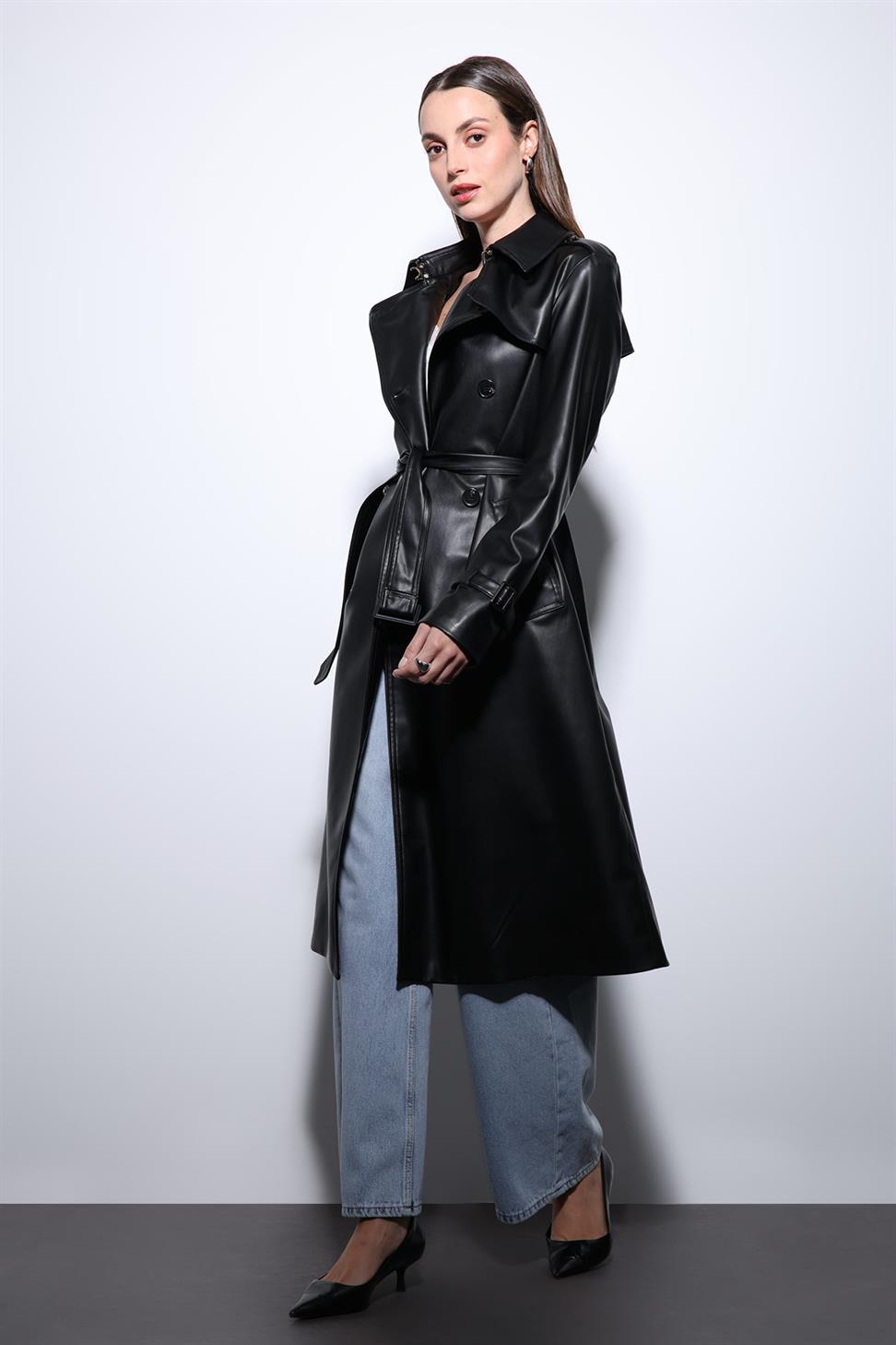Antioch Siyah Kadın Suni Deri Kemerli Trençkot