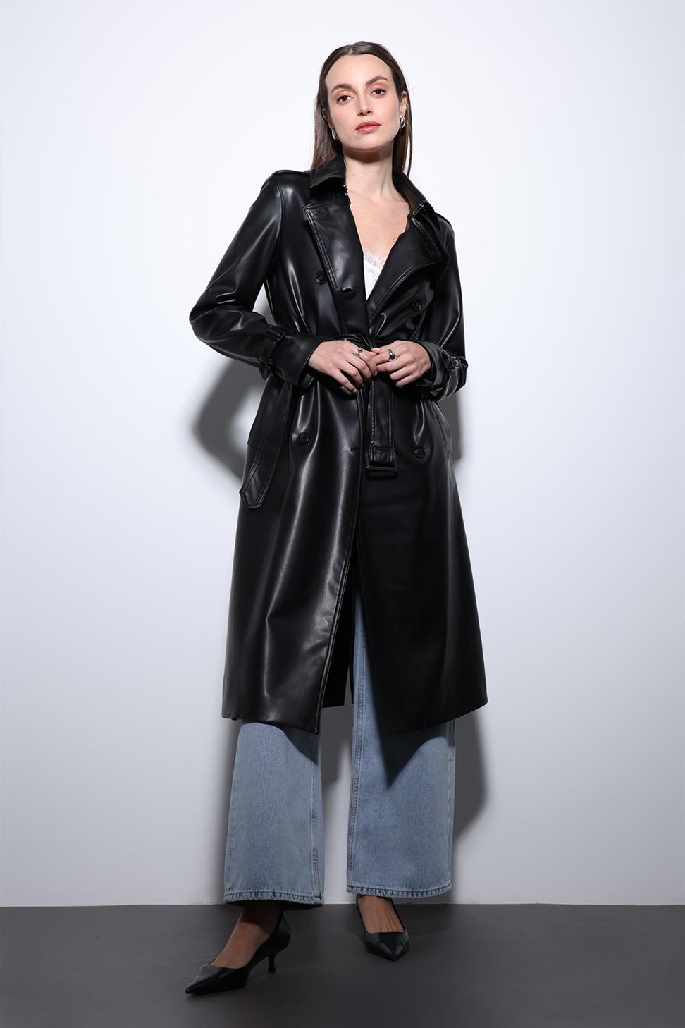 Antioch Siyah Kadın Suni Deri Kemerli Trençkot