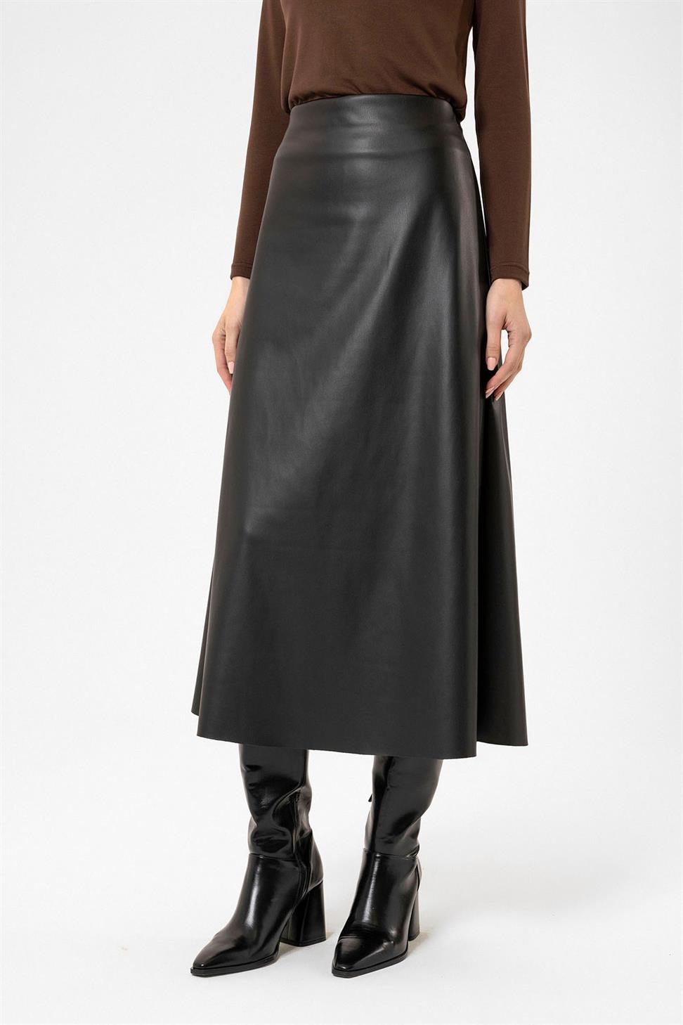 Antioch Siyah Kadın Suni Deri Midi Etek