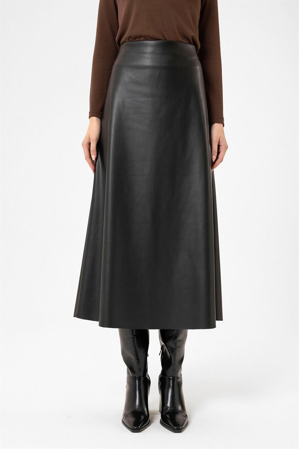 Antioch Siyah Kadın Suni Deri Midi Etek
