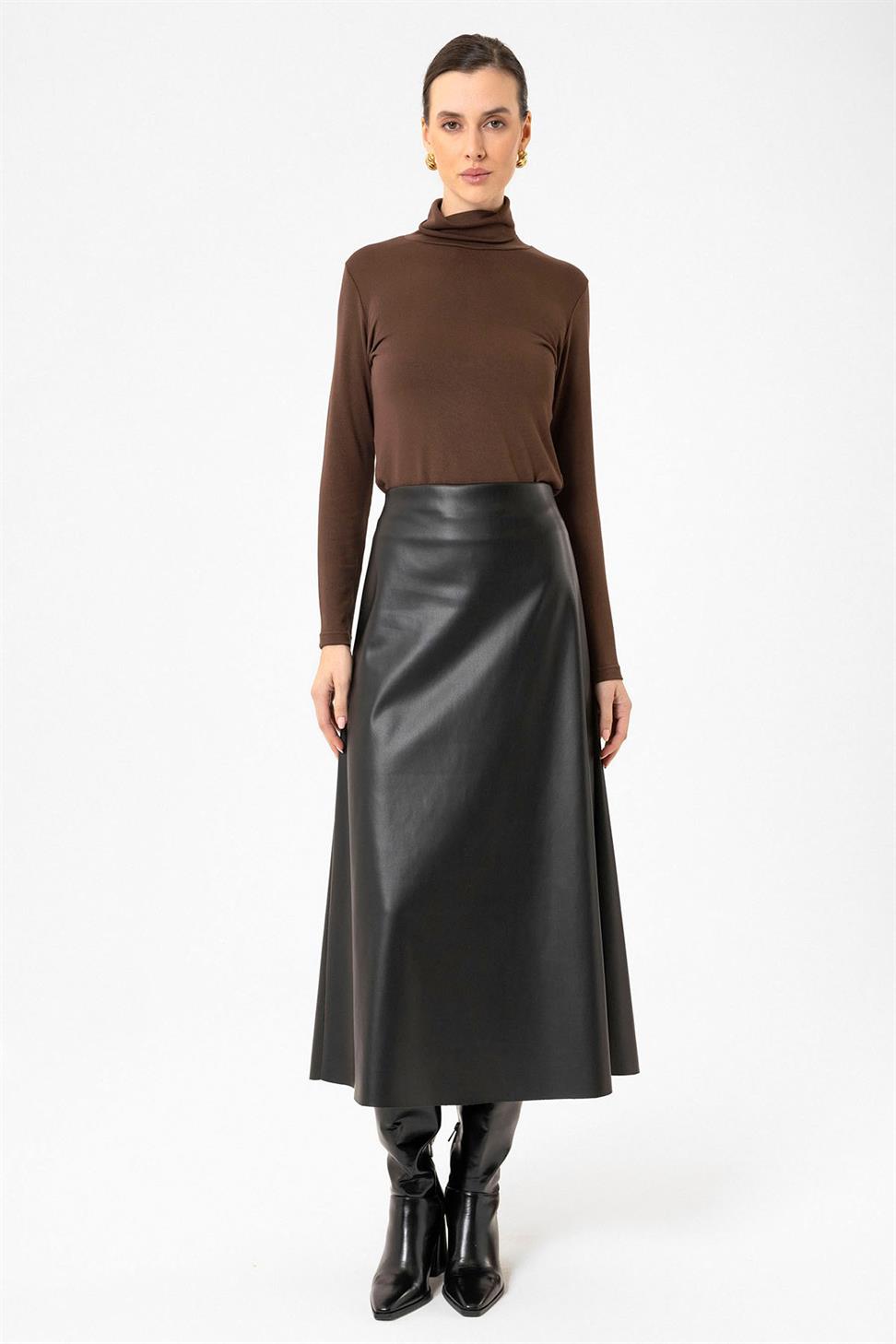 Antioch Siyah Kadın Suni Deri Midi Etek