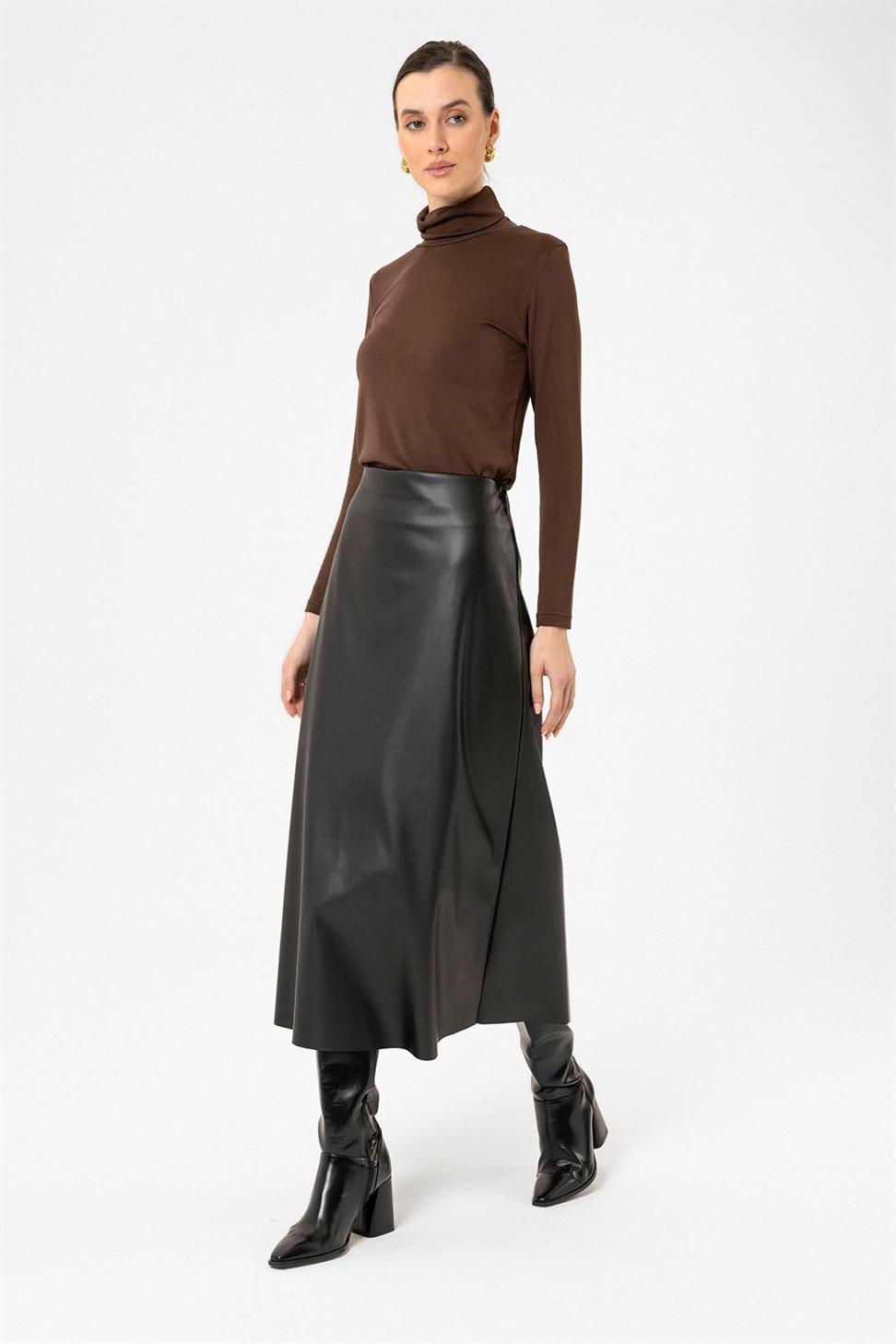 Antioch Siyah Kadın Suni Deri Midi Etek