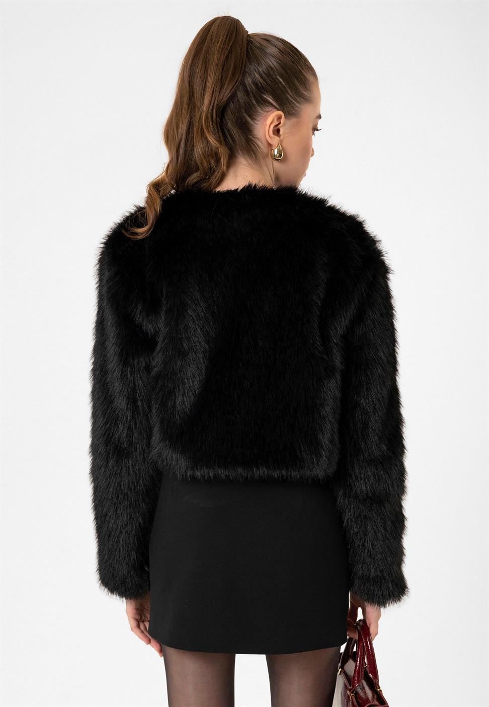 Antioch Siyah Kadın Suni Kürk Crop Ceket