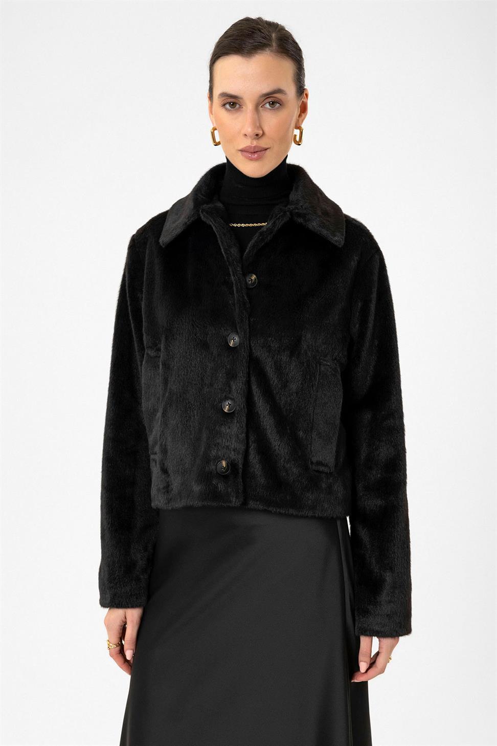 Antioch Siyah Kadın Suni Kürk Crop Mont