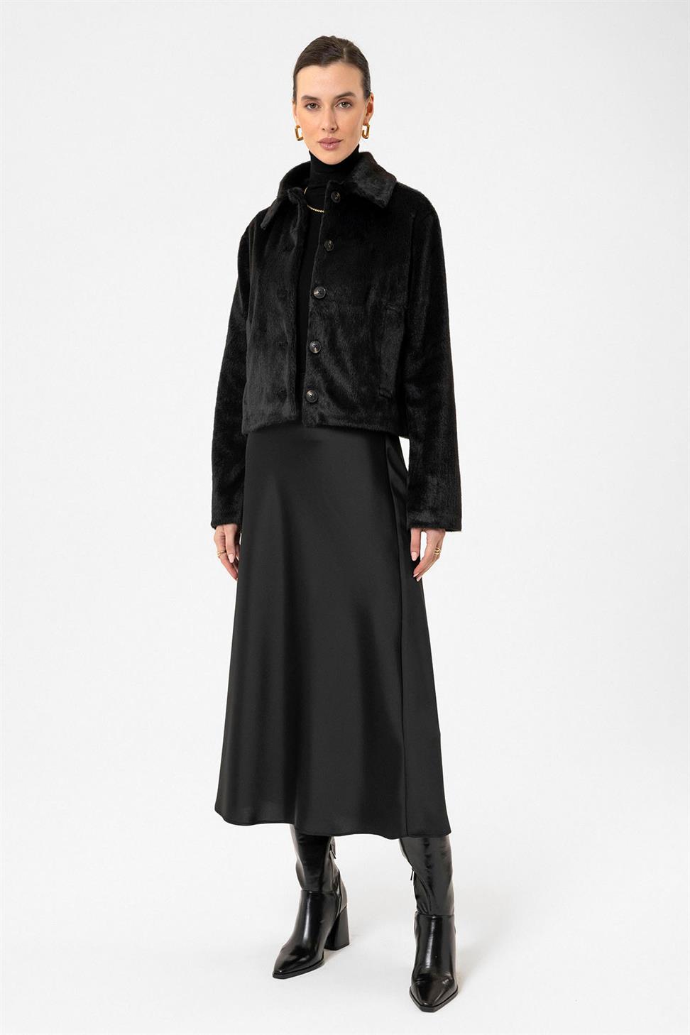 Antioch Siyah Kadın Suni Kürk Crop Mont