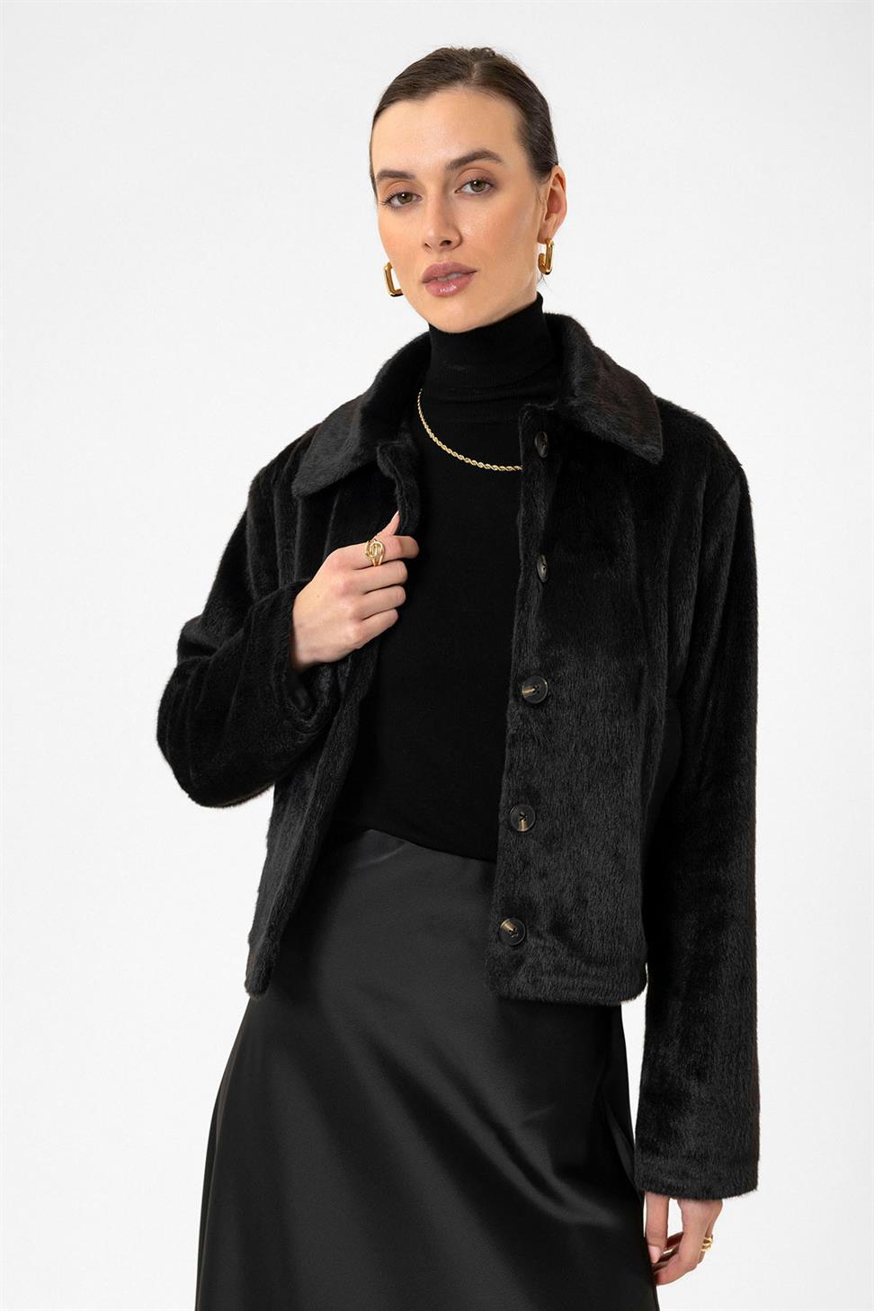 Antioch Siyah Kadın Suni Kürk Crop Mont
