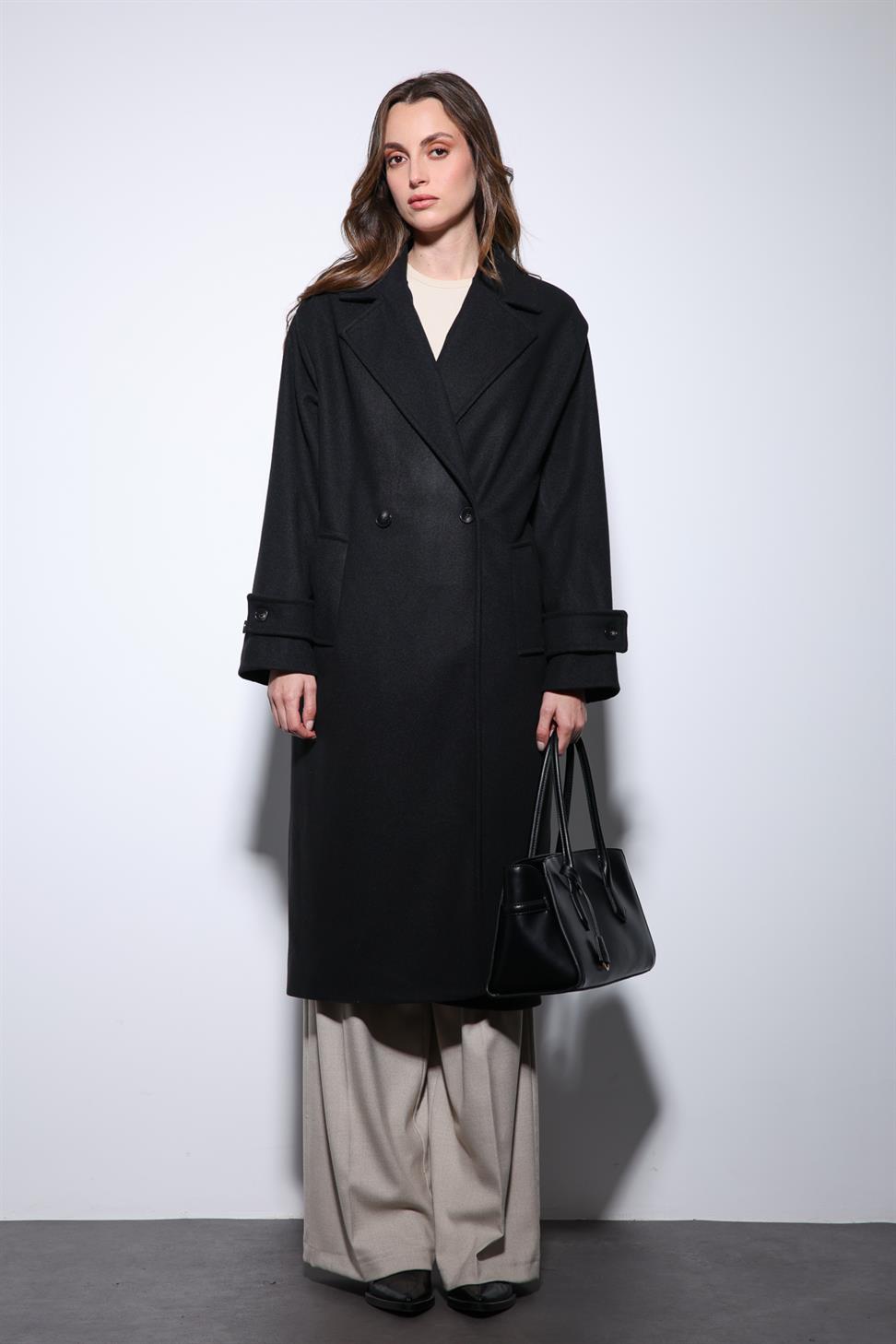 Antioch Siyah Kadın Yumuşak Dokulu Oversize Kruvaze Kaban