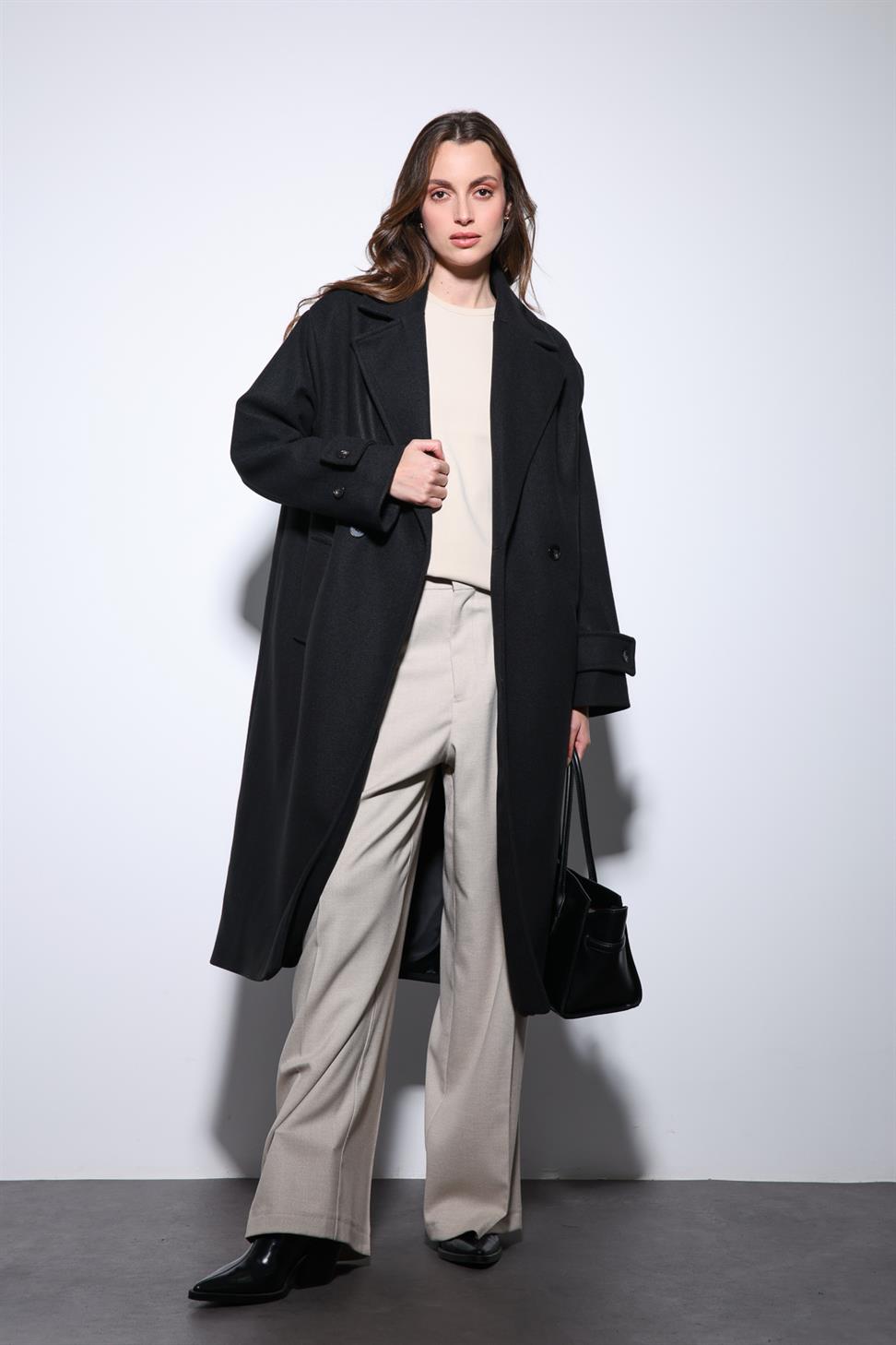 Antioch Siyah Kadın Yumuşak Dokulu Oversize Kruvaze Kaban