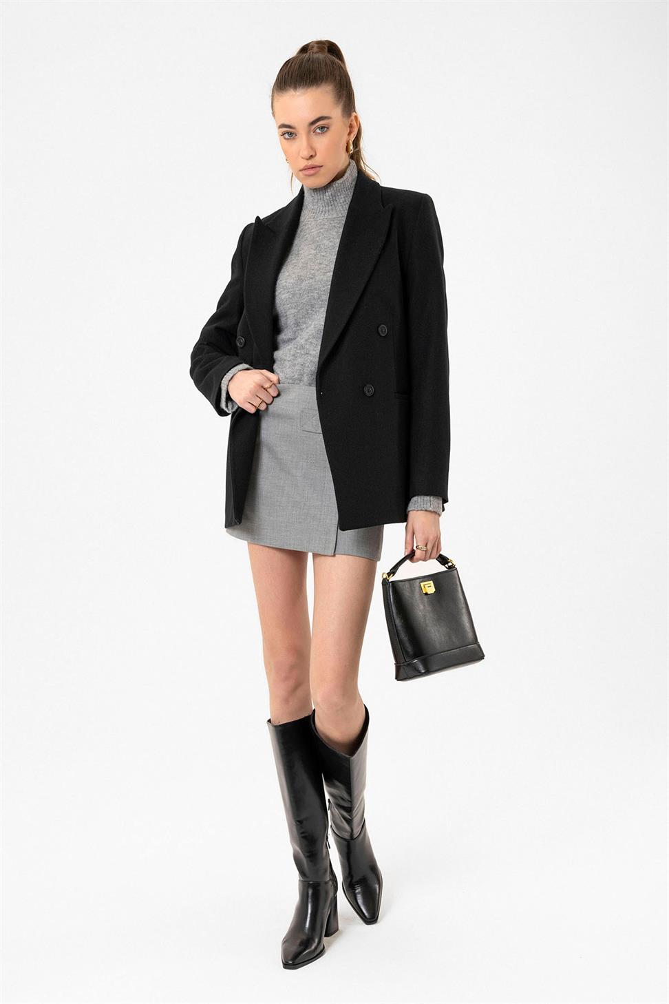 Antioch Siyah Kadın Yün Karışımlı Balıksırtı Desenli Blazer Ceket