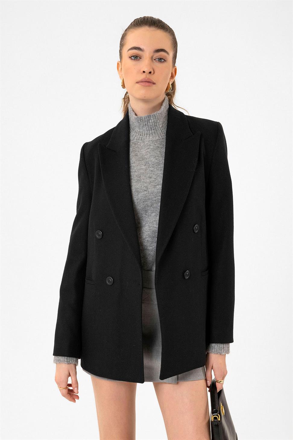 Antioch Siyah Kadın Yün Karışımlı Balıksırtı Desenli Blazer Ceket