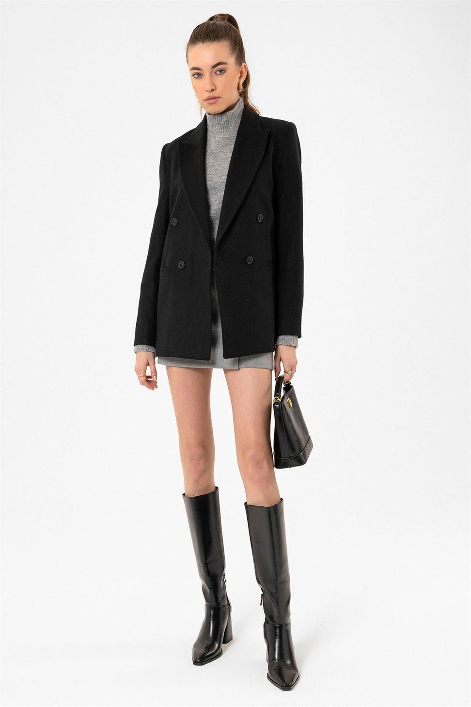 Antioch Siyah Kadın Yün Karışımlı Balıksırtı Desenli Blazer Ceket