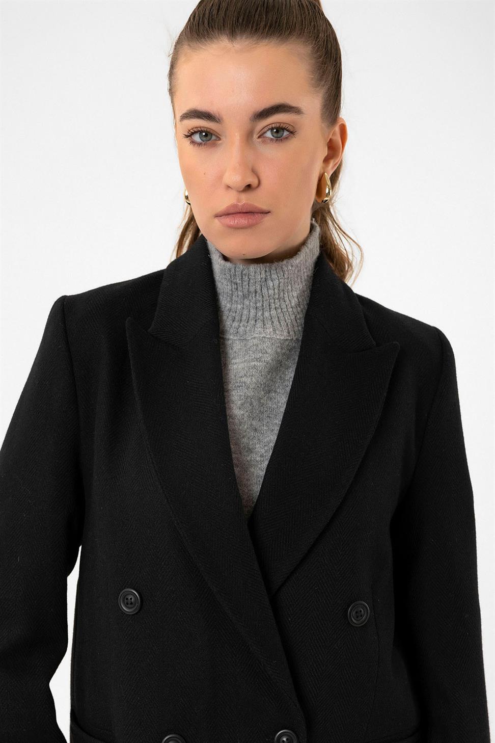 Antioch Siyah Kadın Yün Karışımlı Balıksırtı Desenli Blazer Ceket