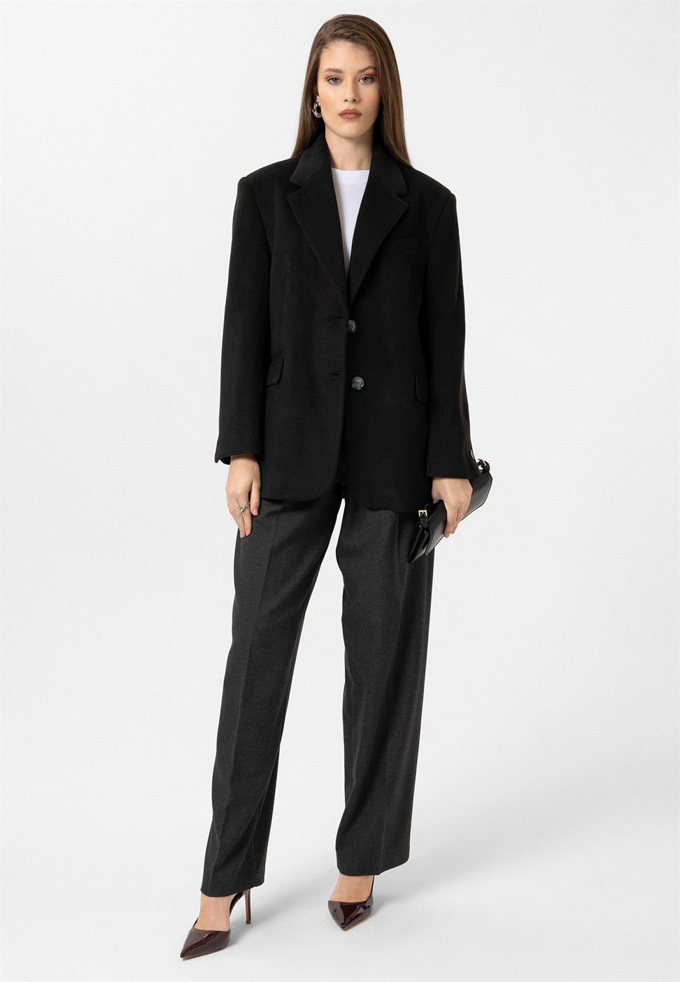 Antioch Siyah Kadın Yün Karışımlı Blazer Ceket