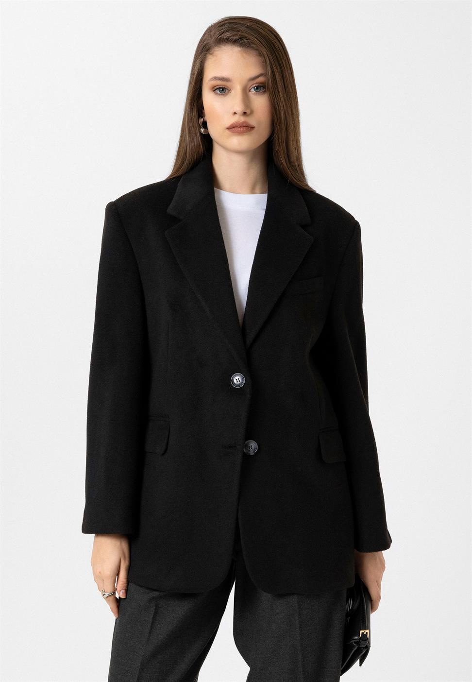 Antioch Siyah Kadın Yün Karışımlı Blazer Ceket