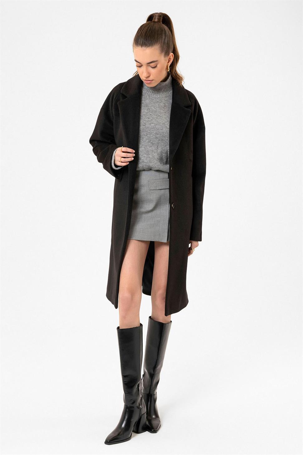 Antioch Siyah Kadın Yün Karışımlı Dokulu Kaban