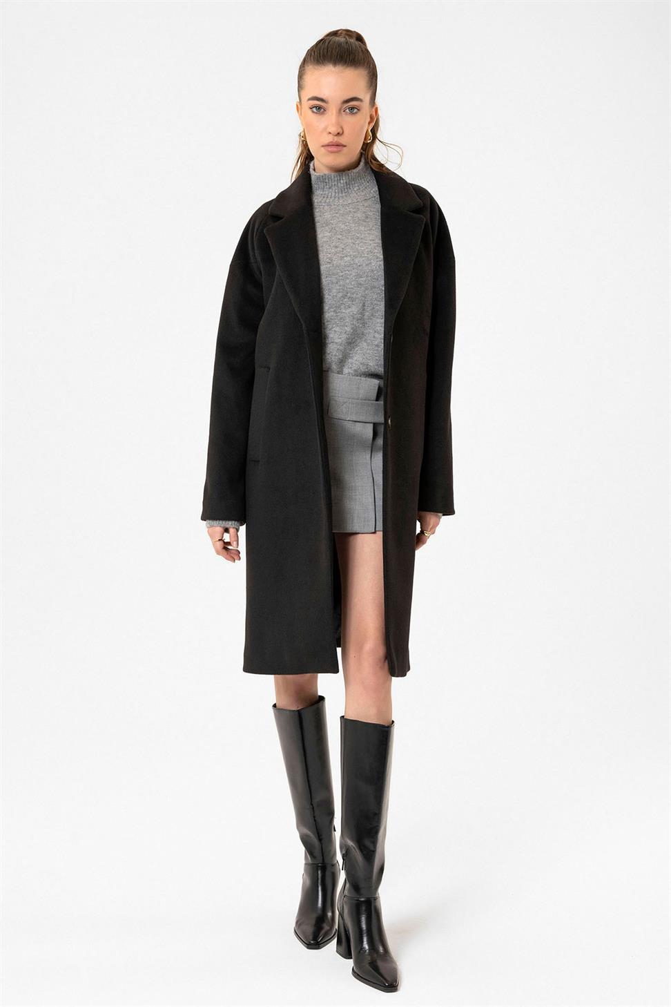 Antioch Siyah Kadın Yün Karışımlı Dokulu Kaban