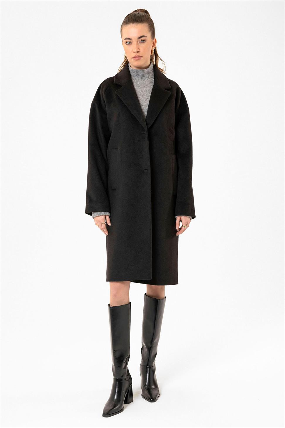 Antioch Siyah Kadın Yün Karışımlı Dokulu Kaban