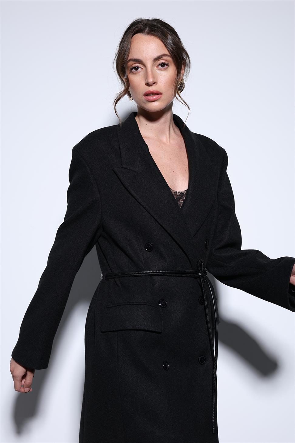 Antioch Siyah Kemerli Kruvaze Kadın Kaban