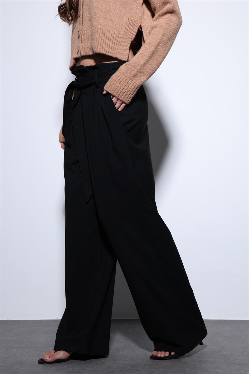 Antioch Siyah Kemerli Pileli Geniş Kadın Pantolon