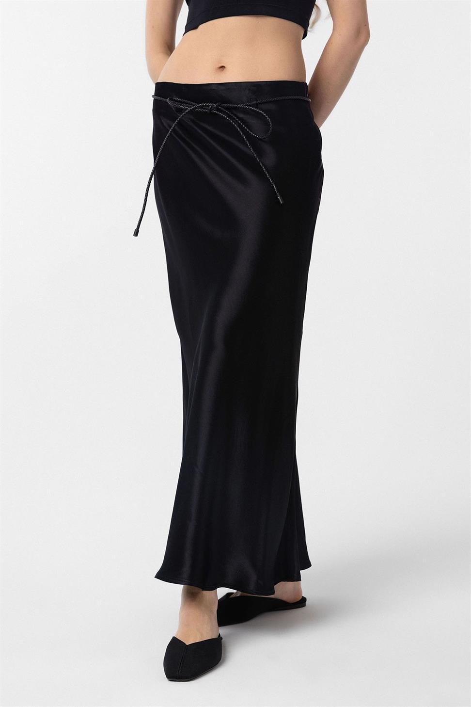Antioch Siyah Kemerli Saten Uzun Kadın Etek