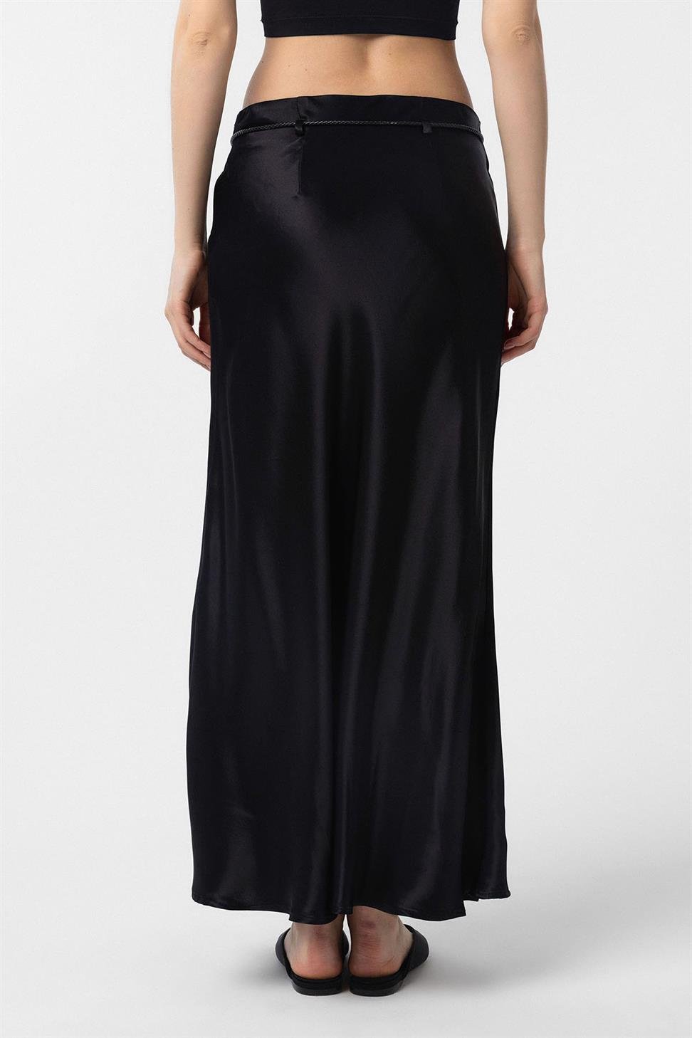 Antioch Siyah Kemerli Saten Uzun Kadın Etek
