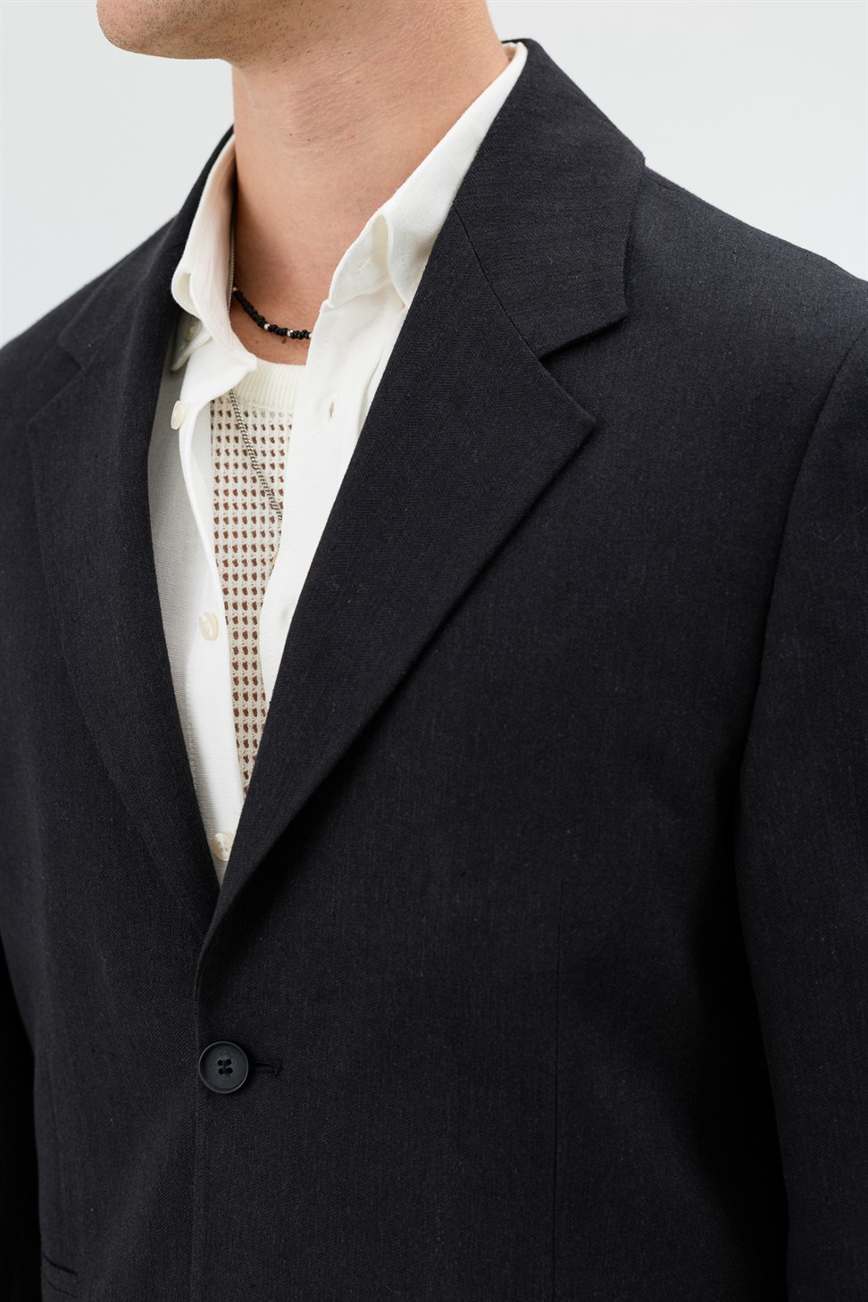 Antioch Siyah Keten Karışımlı Balıksırtı Desenli Erkek Blazer Ceket