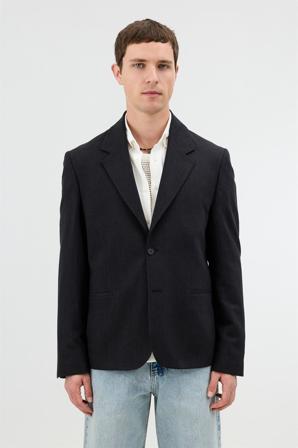 Antioch Siyah Keten Karışımlı Balıksırtı Desenli Erkek Blazer Ceket