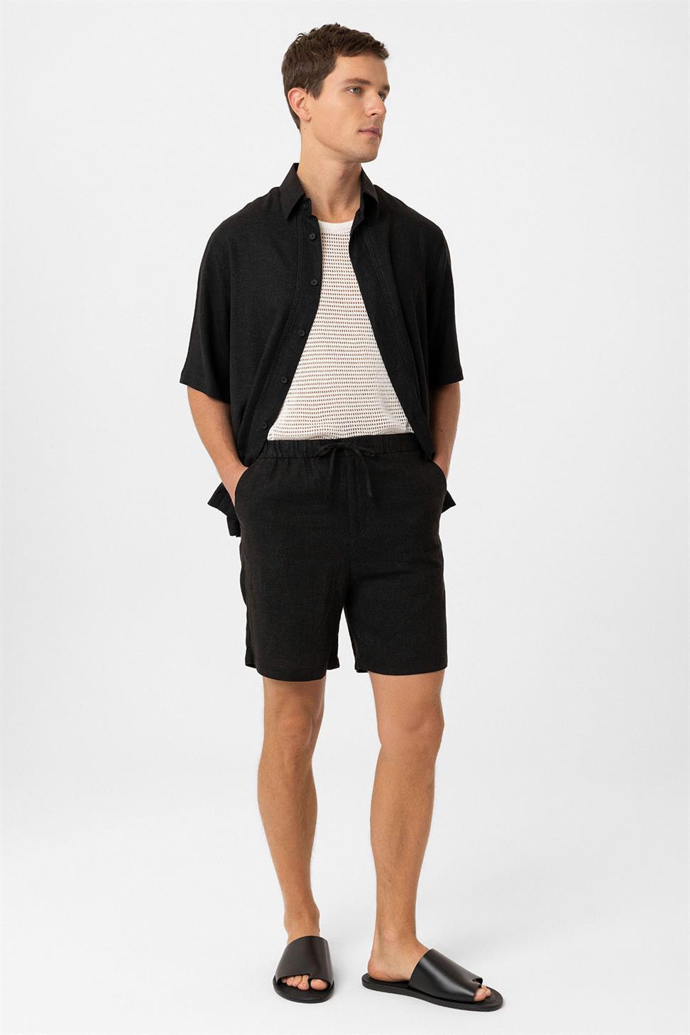 Antioch Siyah Keten Karışımlı Erkek Şort