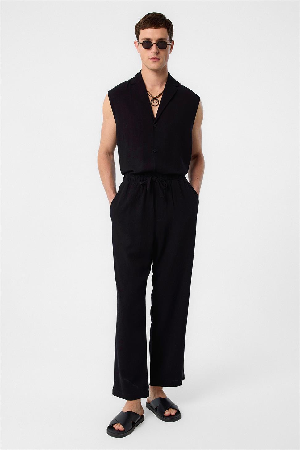 Antioch Siyah Keten Karışımlı Jogger Erkek Pantolon