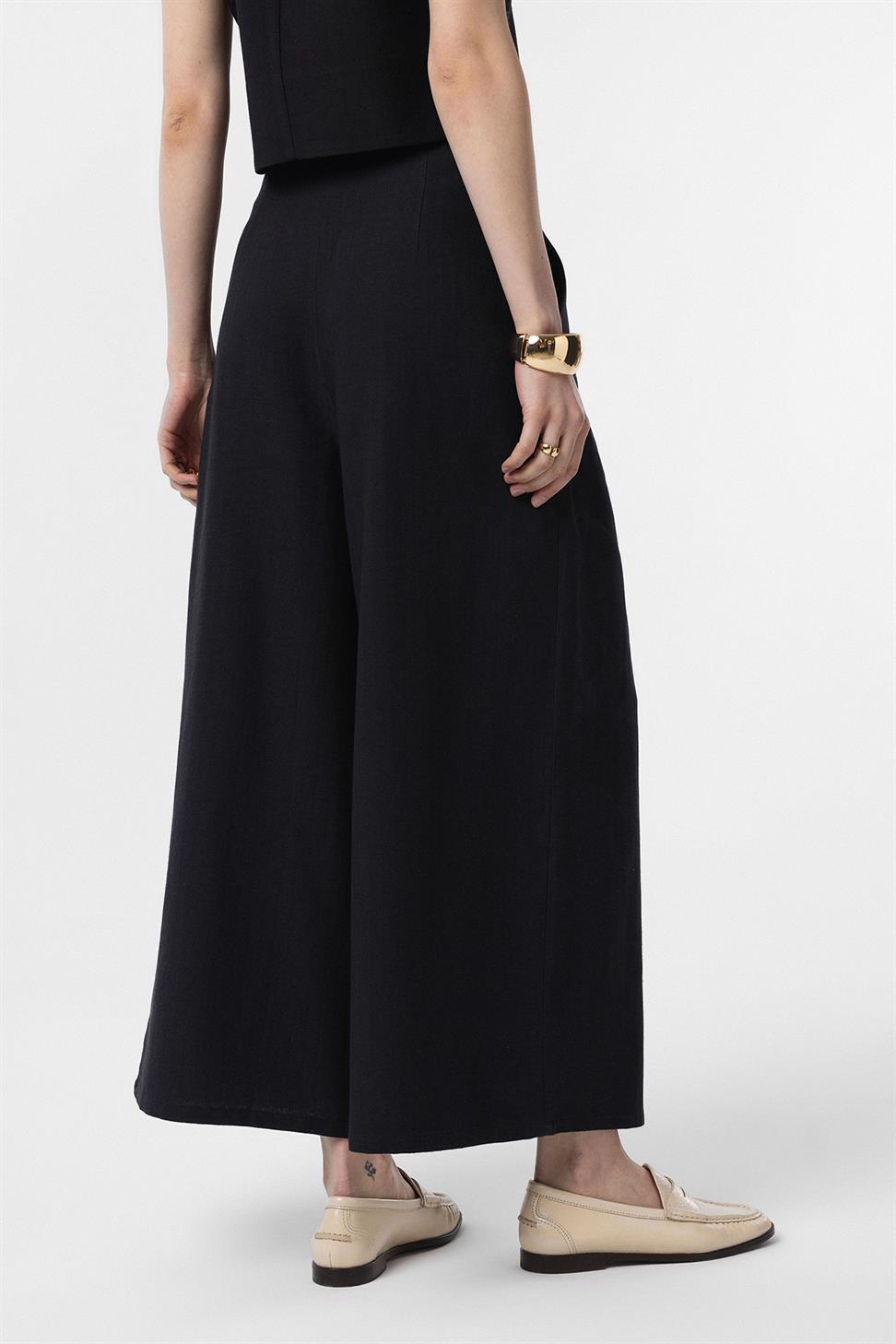 Antioch Siyah Keten Karışımlı Kadın Culotte Pantolon