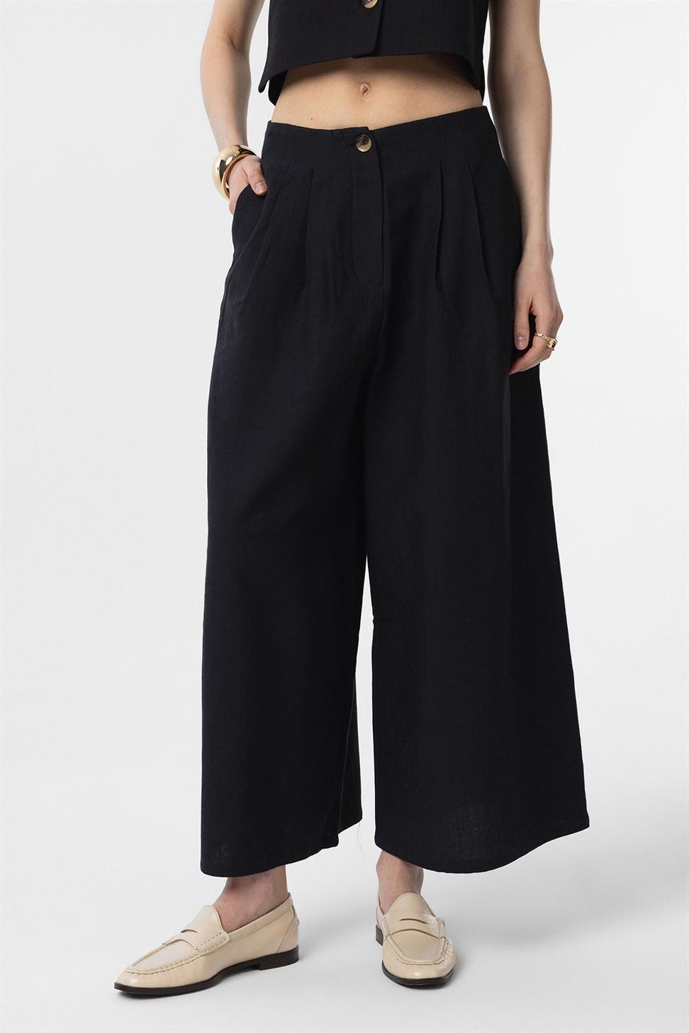 Antioch Siyah Keten Karışımlı Kadın Culotte Pantolon