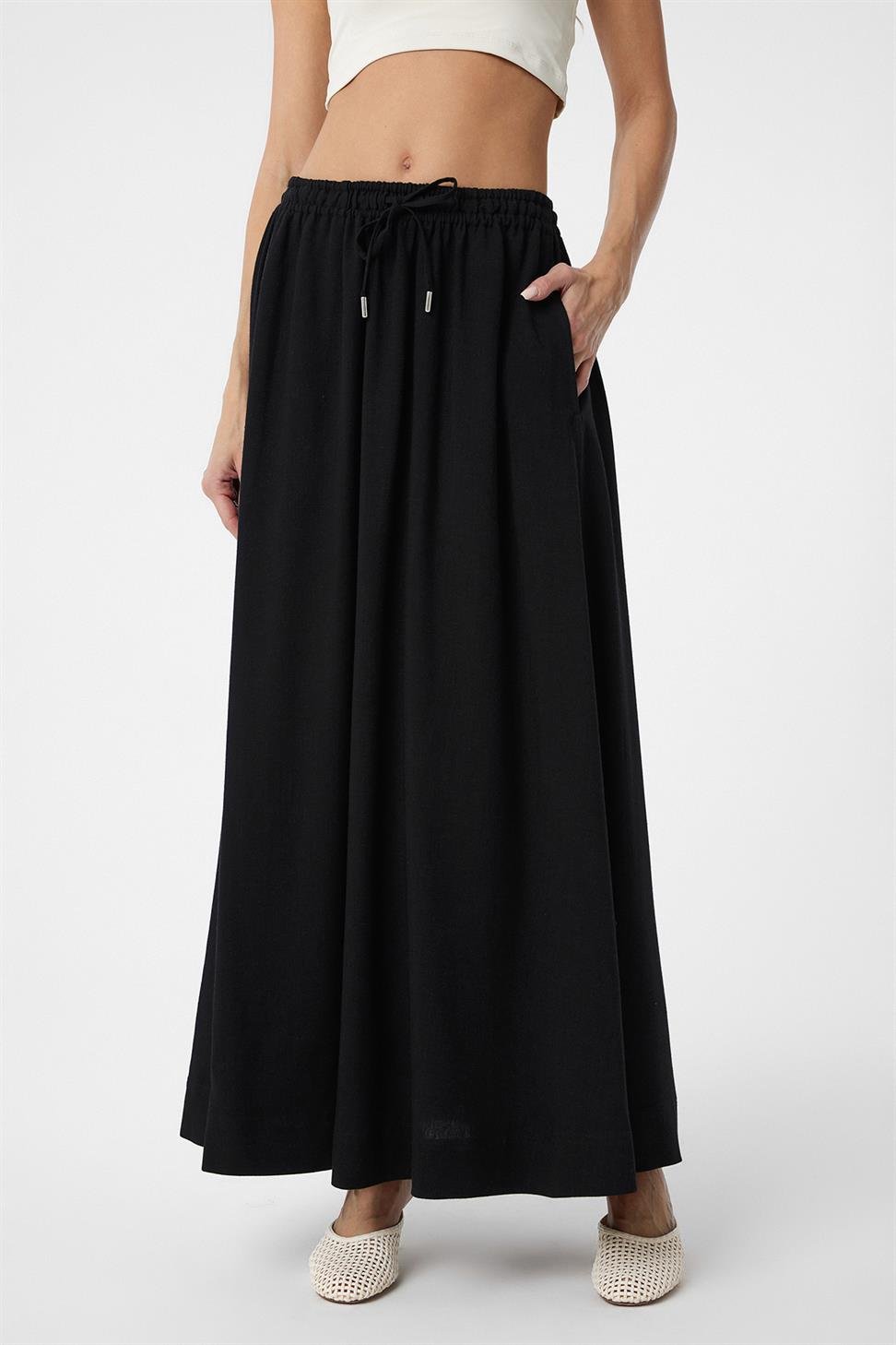 Antioch Siyah Keten Karışımlı Kadın Uzun Etek