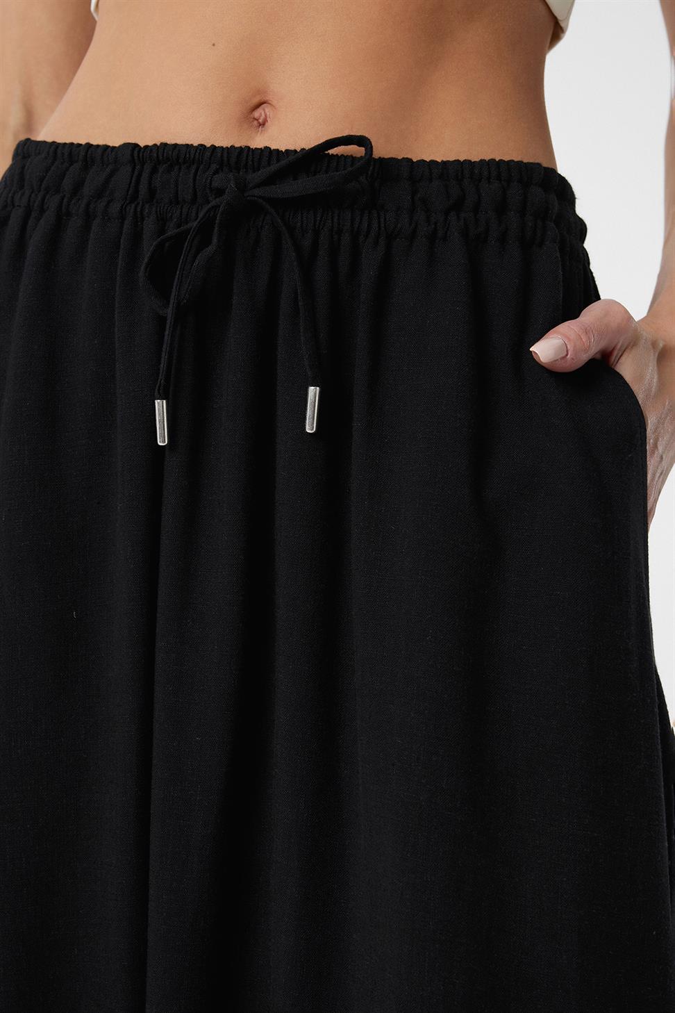 Antioch Siyah Keten Karışımlı Kadın Uzun Etek