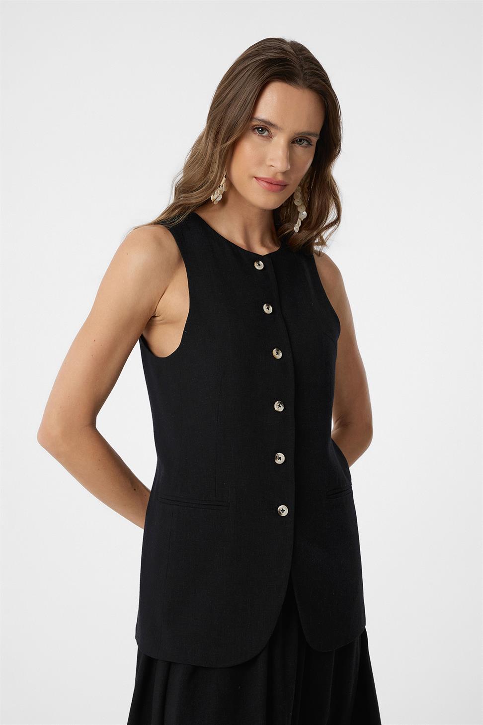 Antioch Siyah Keten Karışımlı Kadın Uzun Yelek