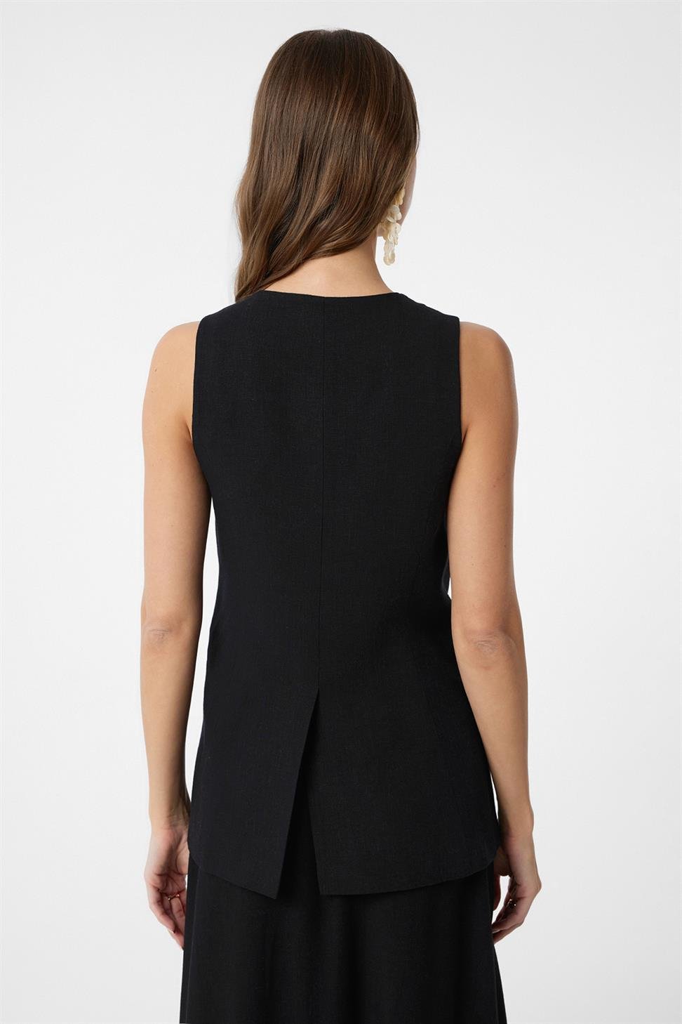 Antioch Siyah Keten Karışımlı Kadın Uzun Yelek