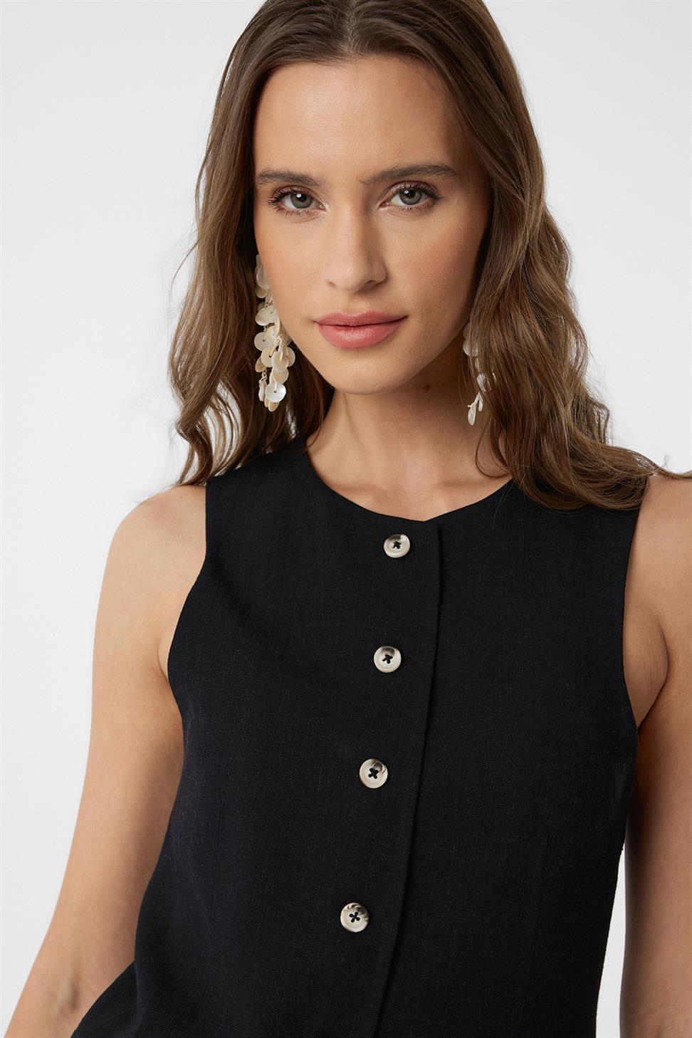 Antioch Siyah Keten Karışımlı Kadın Uzun Yelek