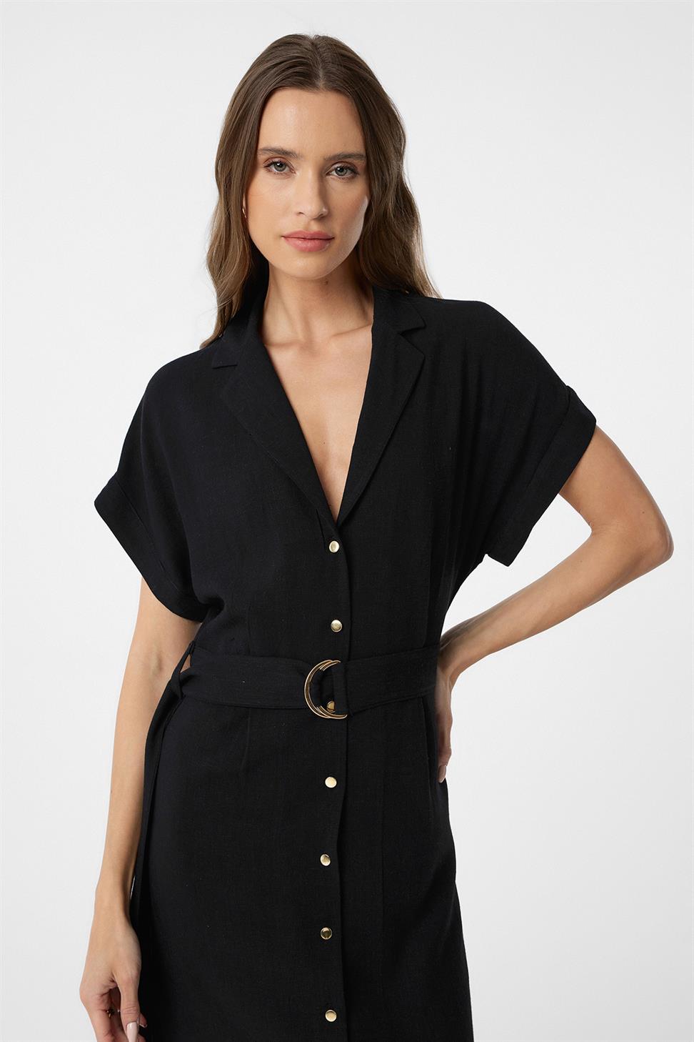 Linen Blend Belted Womens Dress