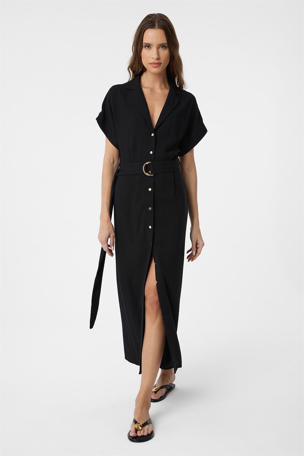 Linen Blend Belted Womens Dress