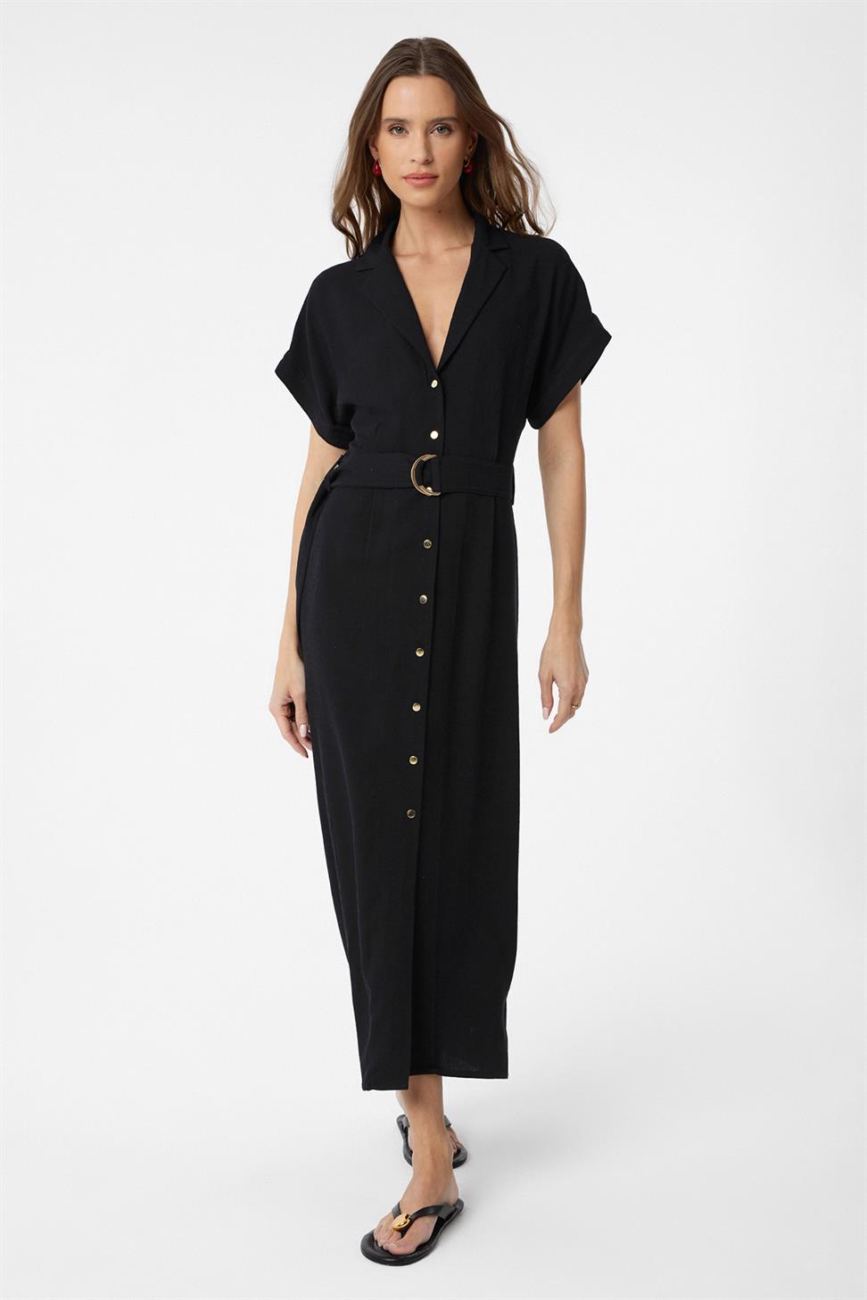 Linen Blend Belted Womens Dress