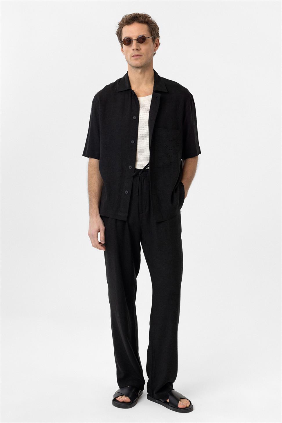 Antioch Siyah Keten Karışımlı Kısa Kollu Erkek Gömlek